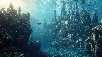 An enchanting underwater city brimming with vibrant marine life and unique architecture, illuminated by ethereal light.