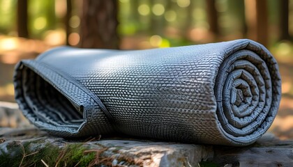 Textured gray camping mat rolled up for convenient storage and transport