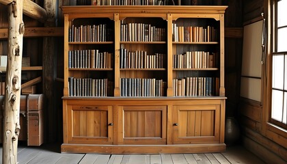 Wall Mural - Charming rustic wooden bookcase showcasing a collection of antique books across five shelves