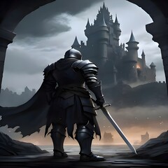 A Fantasy knight In Black Armor Facing A Large Ominous With Background