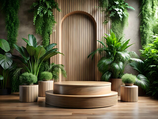 Wooden podium with curved design, paired with plants and natural textures, creating an eco-friendly, organic product showcase