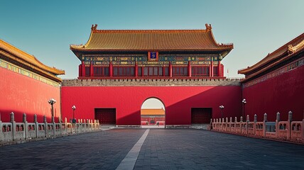 Wall Mural - Majestic view of an ancient Chinese structure showcasing vibrant red walls and traditional architecture under a clear blue sky.