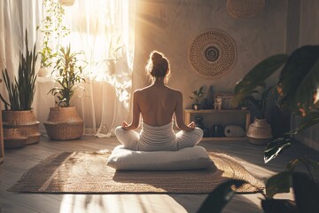 Aufkleber - A serene individual engages in mindful meditation amidst a sun-drenched space adorned with plush cushions and soothing elements.