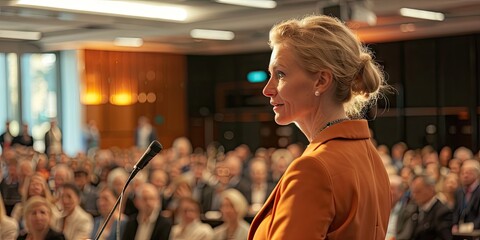 Businesswoman at a High-Profile Conference: A businesswoman confidently speaking at a high-profile business conference, with an elegant office environment and large audience.