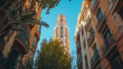 Wall Mural - Stunning view of a tall building surrounded by charming architecture and lush greenery under a bright blue sky.