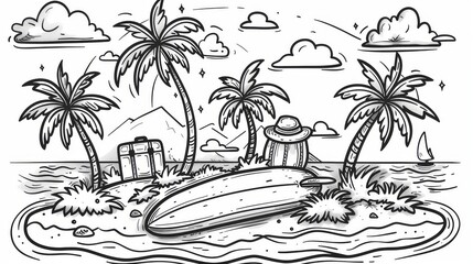 Wall Mural - Black and White Line Art of a Tropical Island for Kids Coloring Page, Featuring Palm Trees, Surfboards, Luggage, Sun Hat, and Clouds