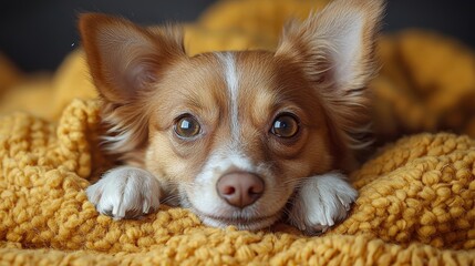 A small dog with expressive eyes resting on a cozy yellow blanket during a calm indoor moment at home