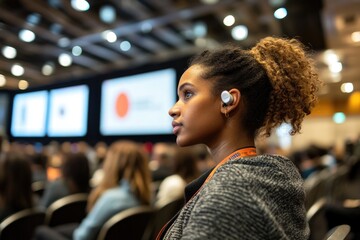 A young professional with a hearing aid attentively listens to a keynote speaker at a conference, the hall filled with attendees and large presentation screens