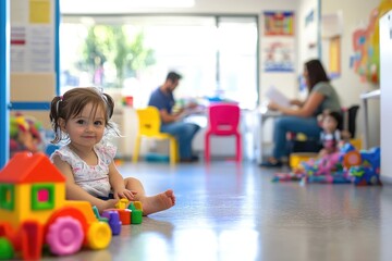 In a pediatricians office, children play with toys while their parents fill out paperwork, creating a bright and cheerful child-friendly environment.