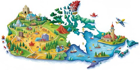  A vibrant, detailed map of Canada with colorful provinces and territories, including coastlines, borders, and iconic