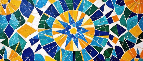 Wall Mural - Background featuring a traditional mosaic pattern with geometric shapes, using contrasting bright colors such as cobalt blue, sunshine yellow, and emerald green.