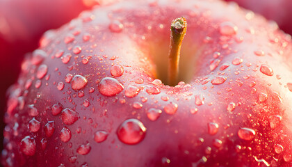 Close-up of a red apple with water droplets.