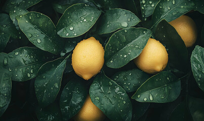 Wall Mural - Fresh lemons on a tree with dew drops on the leaves.