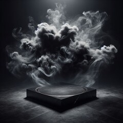 Wall Mural - a 3d render of a black marble podium with dramatic scene of white smoke rising up