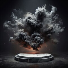 Wall Mural - a 3d render of a black marble podium with dramatic scene of white smoke rising up