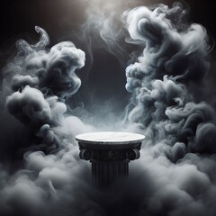 Wall Mural - a 3d render of a black marble podium with dramatic scene of white smoke rising up
