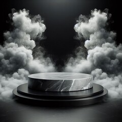 Wall Mural - black marble background with space for your product displayA 3D render of a black marble podium with dramatic scene of white smoke rising up