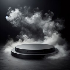 Wall Mural - a 3d render of a black marble podium with dramatic scene of white smoke rising up