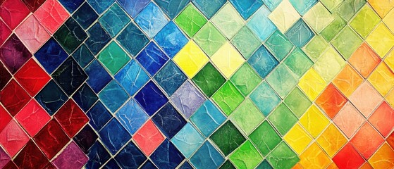 Wall Mural - Background with an intricate mosaic of diamond-shaped tiles in bright, contrasting colors like crimson, lime green, and sapphire blue.