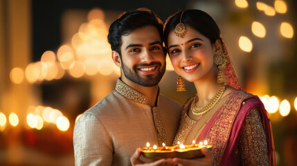 Canvas Print - young indian couple celebrating diwali holding plate of diya