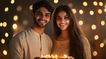 Canvas Print - young indian couple celebrating diwali holding plate of diya