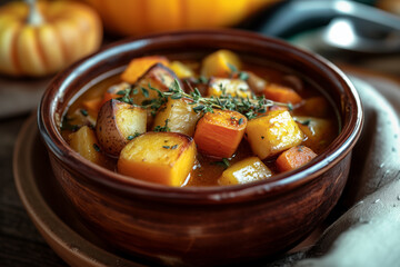 A hearty autumn vegetable stew featuring roasted root vegetables in a rustic bowl, garnished with fresh herbs, perfect for a comforting fall meal