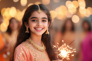 Sticker - young indian girl holding sparklers on diwali festival