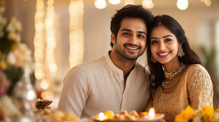 Sticker - young indian couple celebrating diwali festival at home