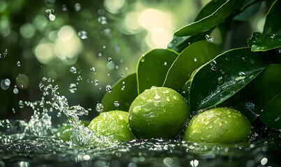 Wall Mural - Fresh green limes with water droplets on leaves.