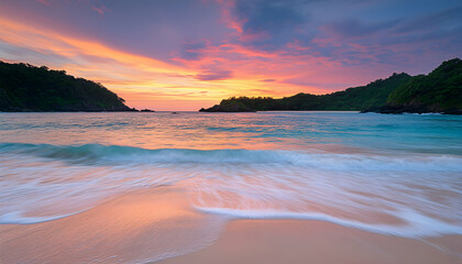 Wall Mural - Tranquil beach scene with soft waves and a breathtaking sunset sky.