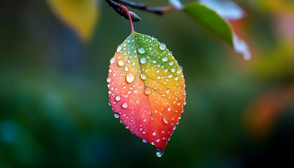 A single leaf with raindrops, displaying colors of green, yellow, orange, and red.