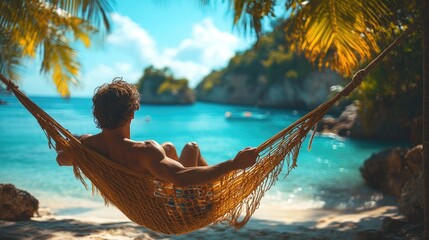 Serene Man Relaxing in a Hammock by the Beach Perfect for Lifestyle and Wellness Themes