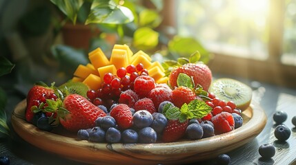 Wall Mural - Fresh Fruit Platter on Wooden Tray