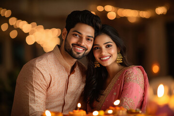 Sticker - young indian couple celebrating diwali festival at home