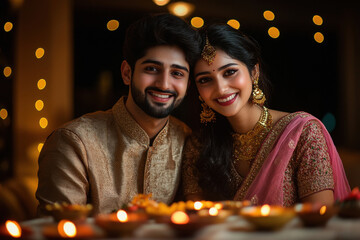 Sticker - young indian couple celebrating diwali festival at home