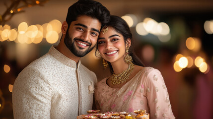 Sticker - young indian couple celebrating diwali festival at home