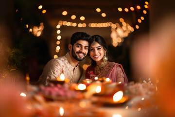 young indian couple celebrating diwali festival at home