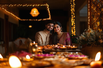 Sticker - young indian couple celebrating diwali festival at home