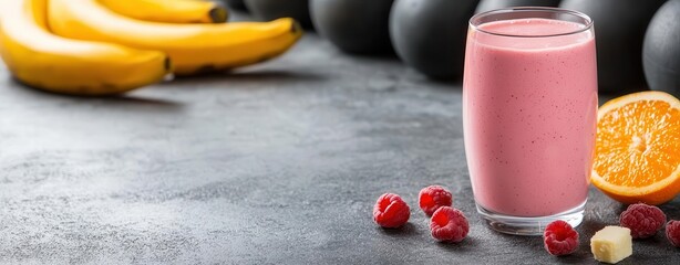 A vegan protein smoothie in a gym setting, surrounded by workout equipment