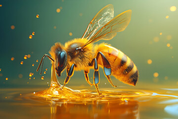 Sticker - Close-up of a bee landing on a pool of honey.