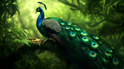 Sticker - Majestic peacock with vibrant plumage perched on a branch in a lush green forest.