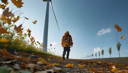 Wall Mural - Leaf figure strides toward wind turbines, representing the shift from industrial pollution to sustainable living and renewable energy solutions.