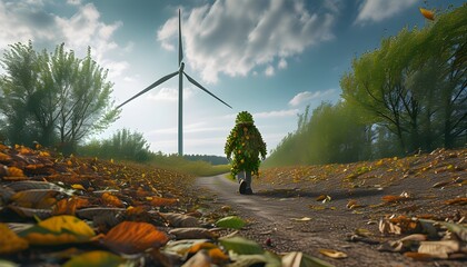 Wall Mural - Leaf figure strides toward wind turbines, representing the shift from industrial pollution to sustainable living and renewable energy solutions.