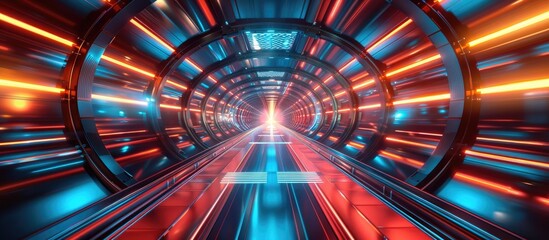 Wall Mural - Futuristic and dynamic digital background featuring an illuminated sci fi tunnel with vibrant colors and architectural elements  The image creates a sense of speed energy