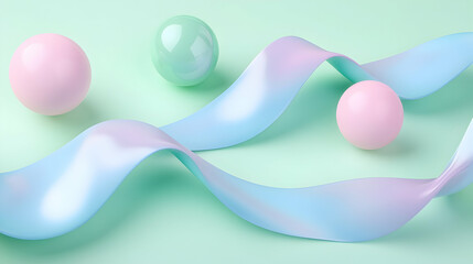 Wall Mural - Abstract minimal design with pink and blue spheres and a flowing ribbon on a green background.