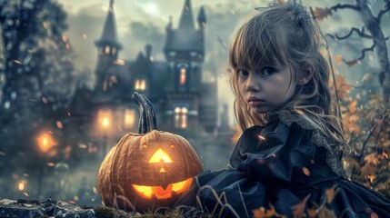 Young girl in Halloween costume with jack-o'-lantern in front of haunted house