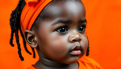 Wall Mural - A young African girl with dark skin, braided hair, and a bright orange headscarf against a orange background