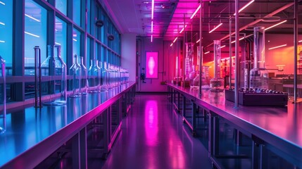 Wall Mural - Vibrant neon lit futuristic industrial corridor with symmetrical modern architecture and minimalistic contemporary design  Empty illuminated space with reflecting surfaces and glowing