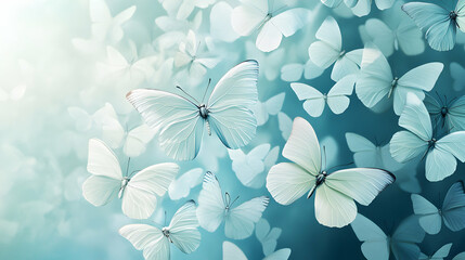 Wall Mural - A flock of white butterflies flying in a blue sky.