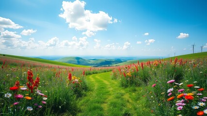 Vibrant wildflowers including daisies and buttercups bloom amidst lush green grass, swaying gently in the breeze on a